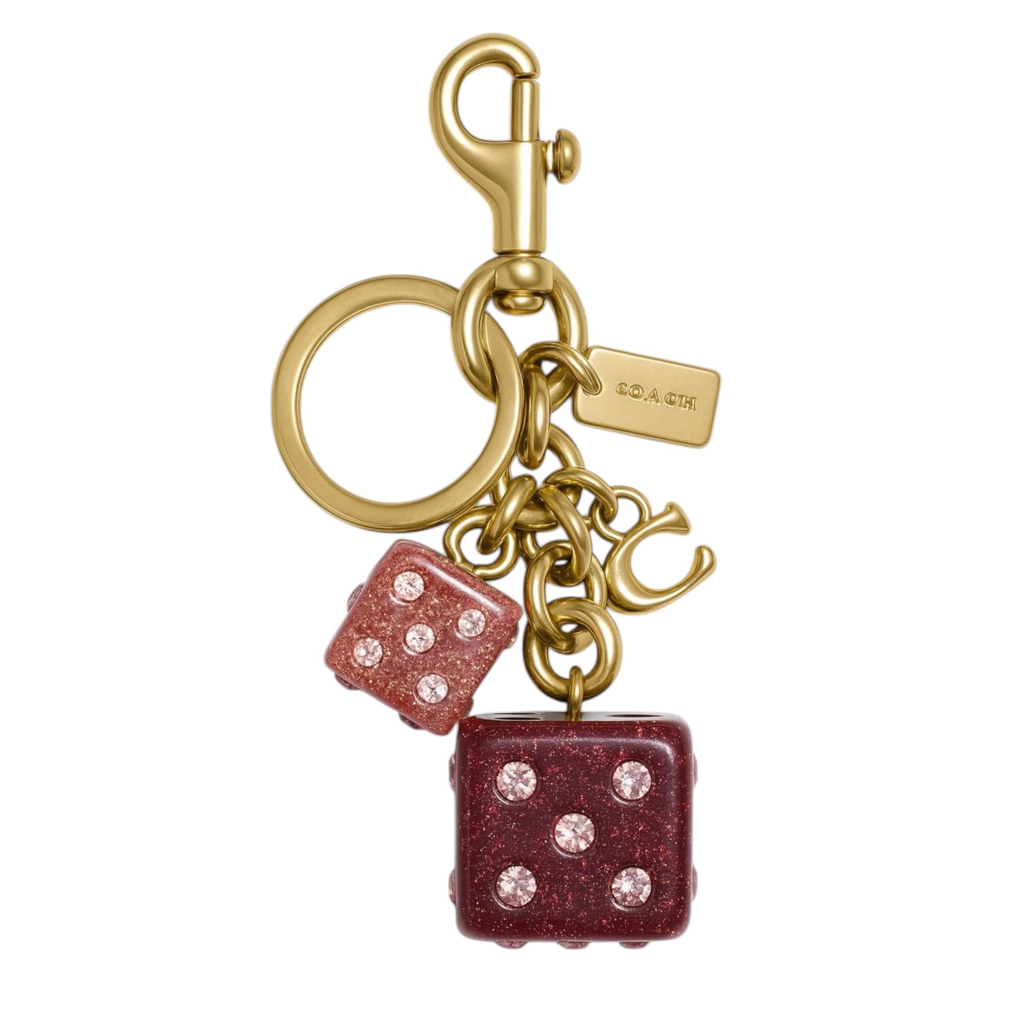 🎲 Coach Lucky Dice Keychain – Gold with Pink Sparkle Charm ✨