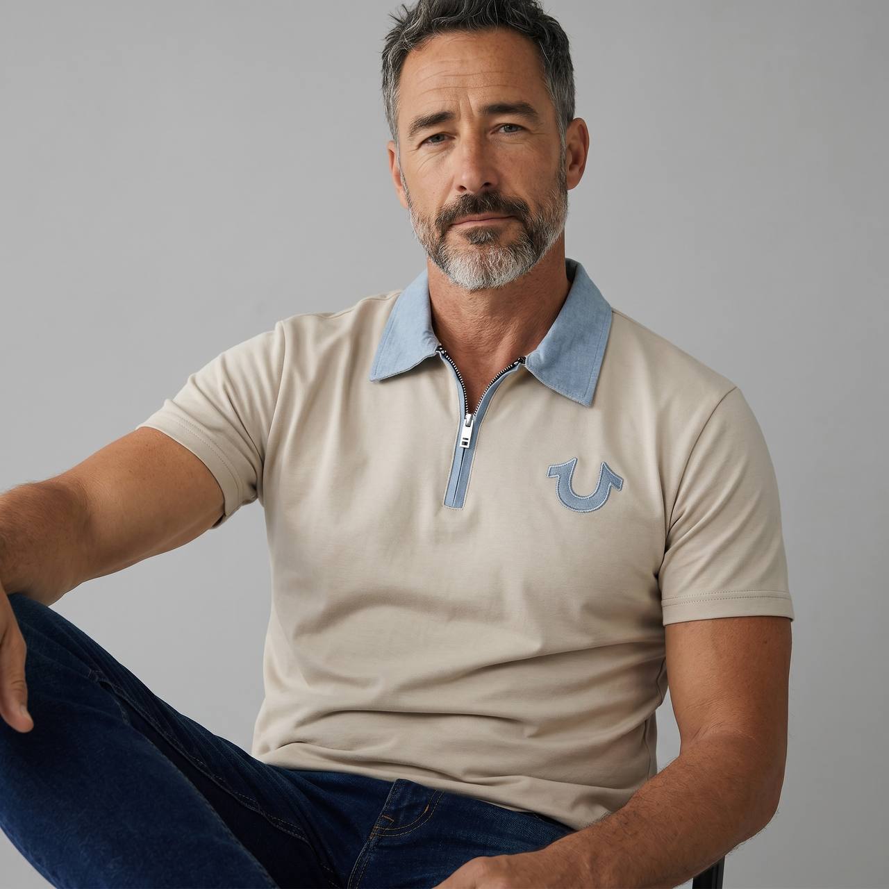 True Religion Half-Zip Polo T-Shirt – Beige & Sky Blue Edition 🤍💙 - MASTERPIECE