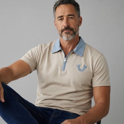 True Religion Half-Zip Polo T-Shirt – Beige & Sky Blue Edition 🤍💙 - MASTERPIECE