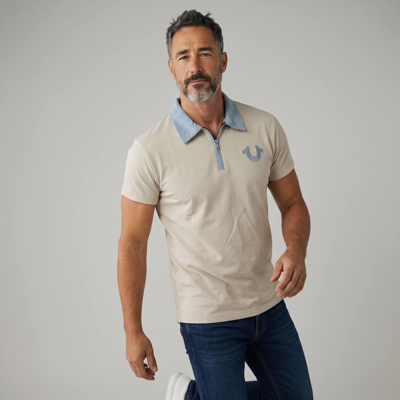 True Religion Half-Zip Polo T-Shirt – Beige & Sky Blue Edition 🤍💙 - MASTERPIECE