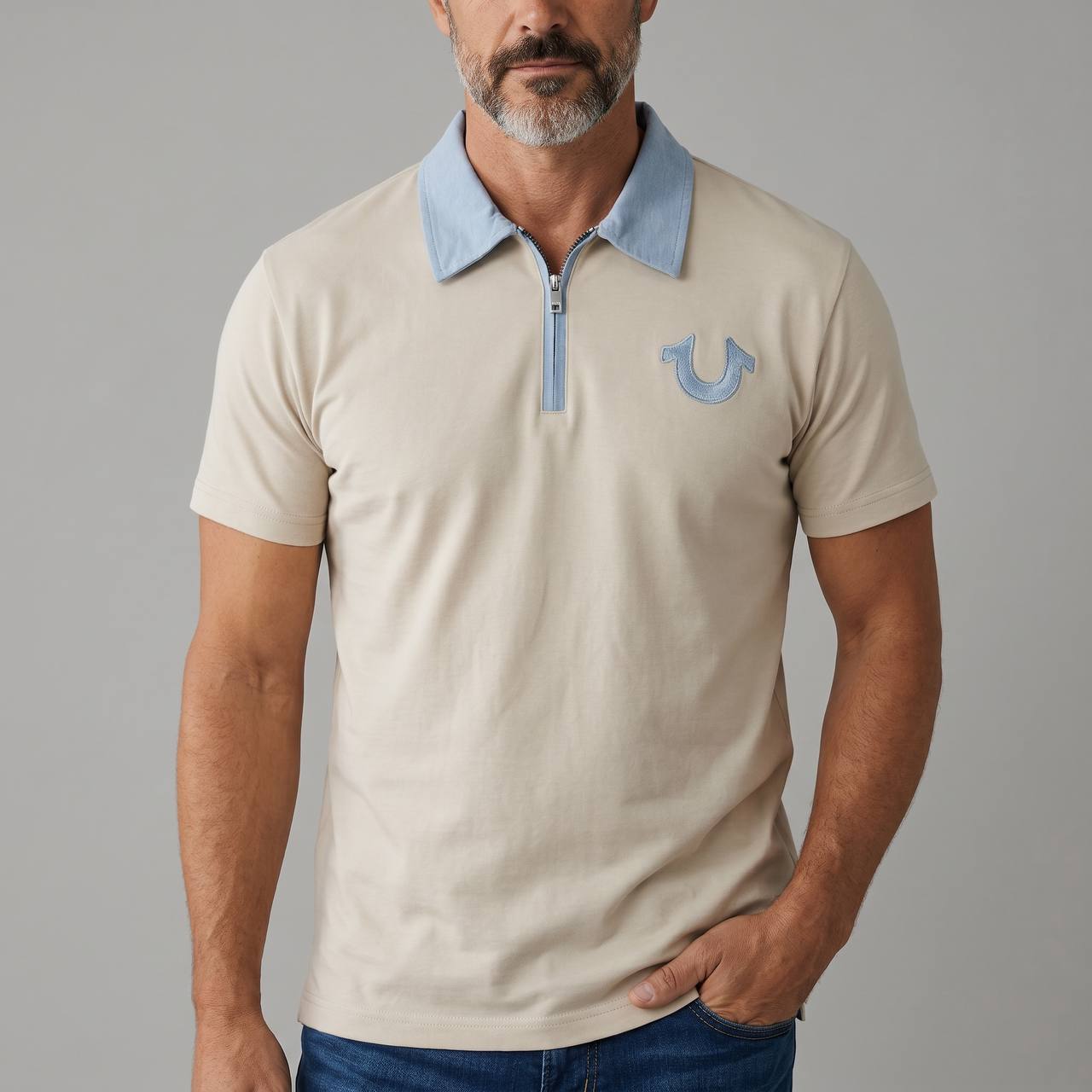 True Religion Half-Zip Polo T-Shirt – Beige & Sky Blue Edition 🤍💙 - MASTERPIECE