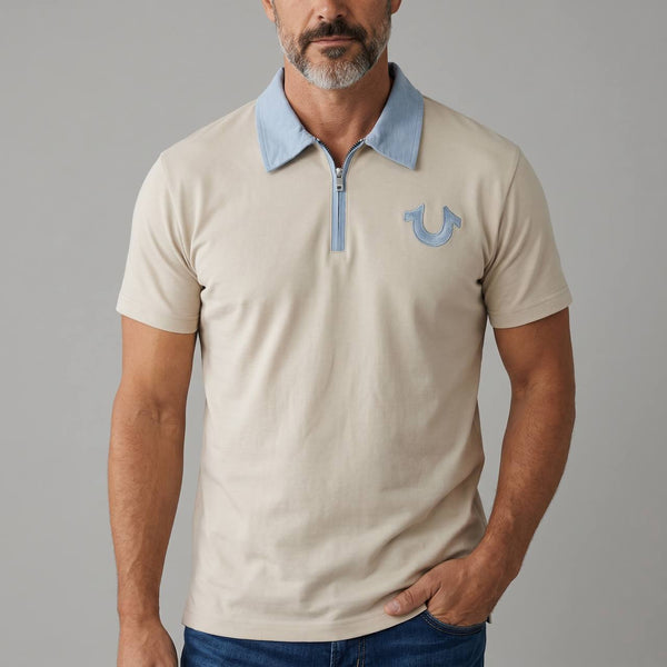 True Religion Half-Zip Polo T-Shirt – Beige & Sky Blue Edition 🤍💙