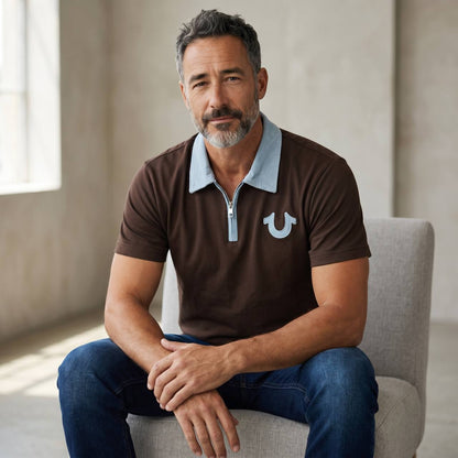 True Religion Half-Zip Polo T-Shirt – Chocolate Brown & Sky Blue Edition 🤎💙 - MASTERPIECE