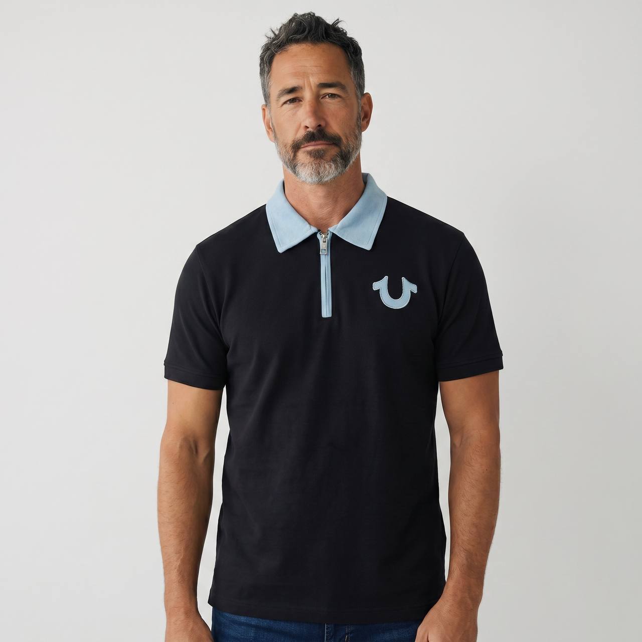 True Religion Zip Polo Shirt – Black & Sky Blue Edition 🖤💙 - MASTERPIECE