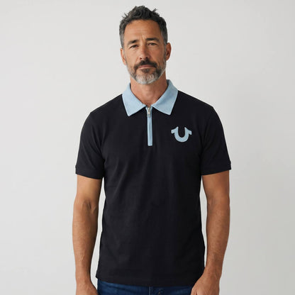 True Religion Zip Polo Shirt – Black & Sky Blue Edition 🖤💙 - MASTERPIECE