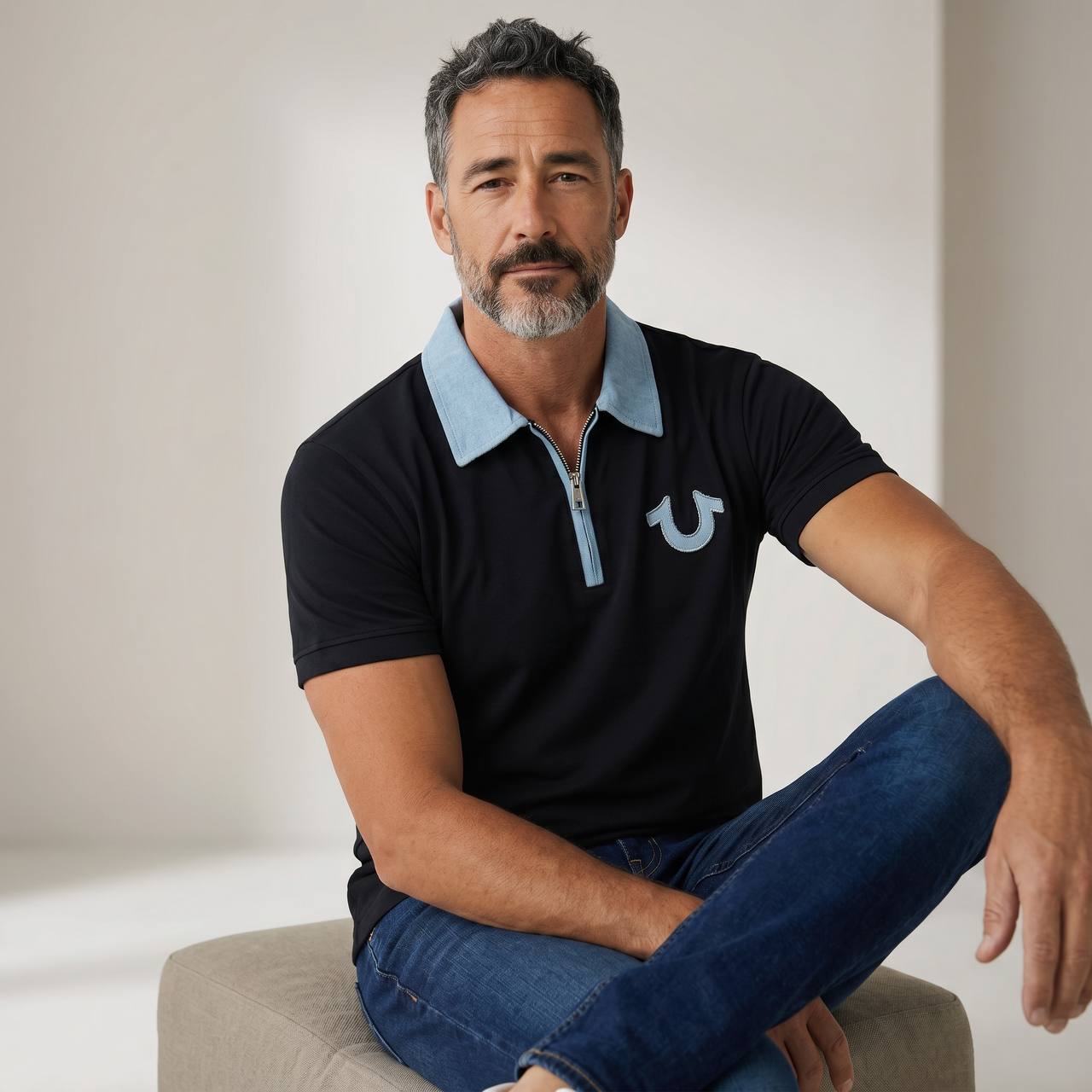 True Religion Zip Polo Shirt – Black & Sky Blue Edition 🖤💙 - MASTERPIECE