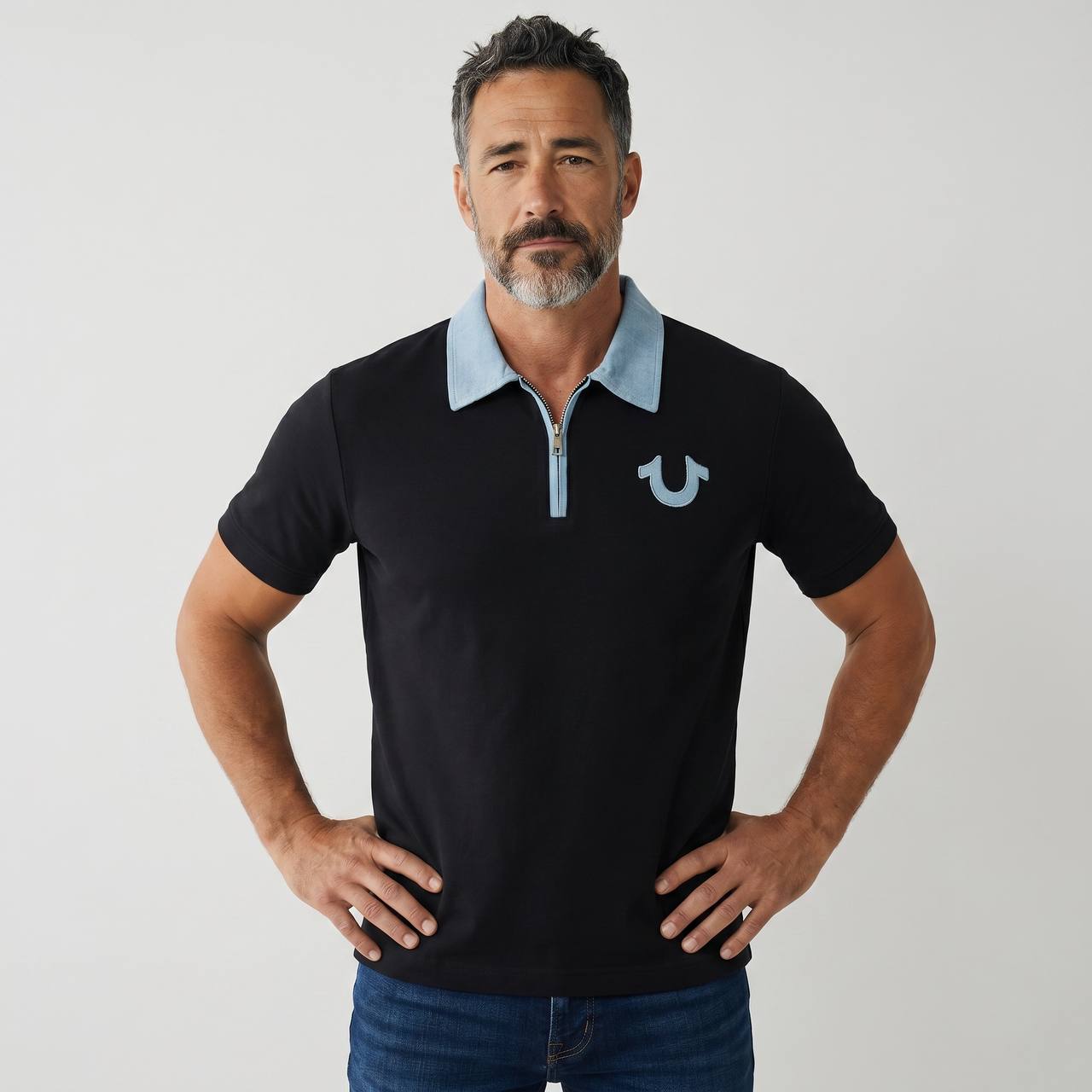 True Religion Zip Polo Shirt – Black & Sky Blue Edition 🖤💙 - MASTERPIECE