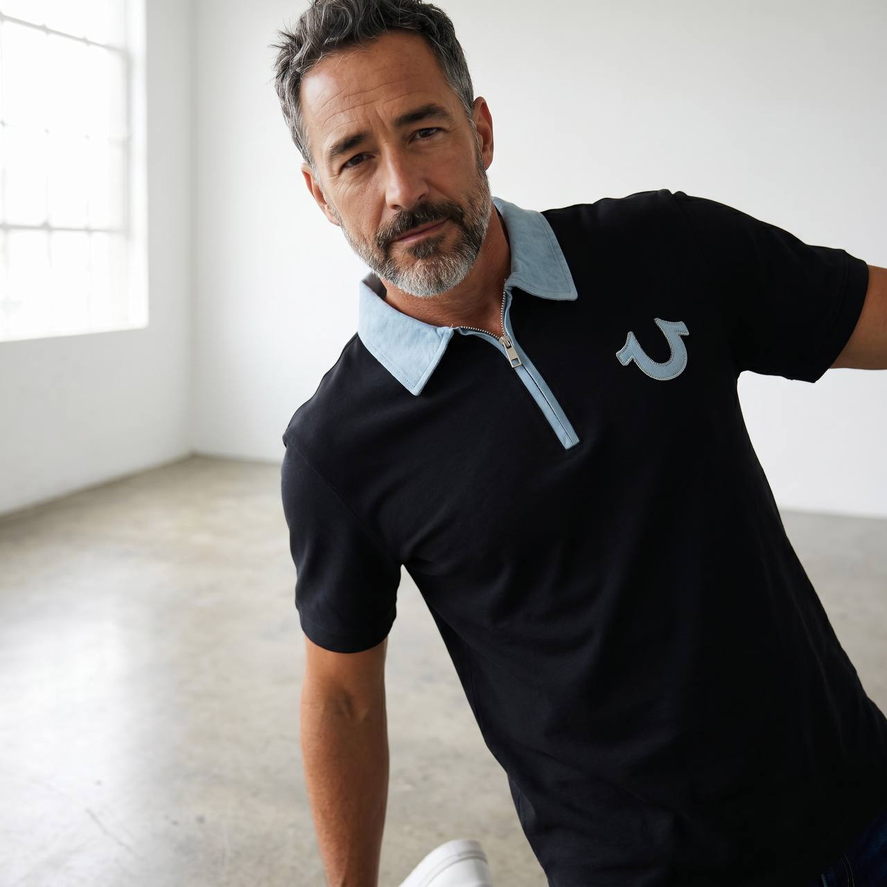 True Religion Zip Polo Shirt – Black & Sky Blue Edition 🖤💙 - MASTERPIECE