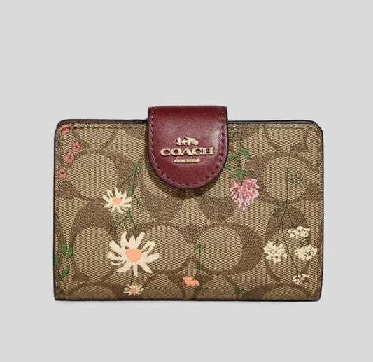 COACH Women's Medium Wallet in Signature Canvas Khaki Multi with Floral Print and Maroon Trim