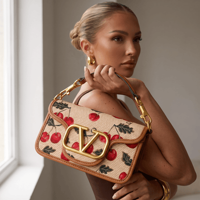 🍒 Valentino Cherry Embroidered VLogo Shoulder Bag – Tan - MASTERPIECE