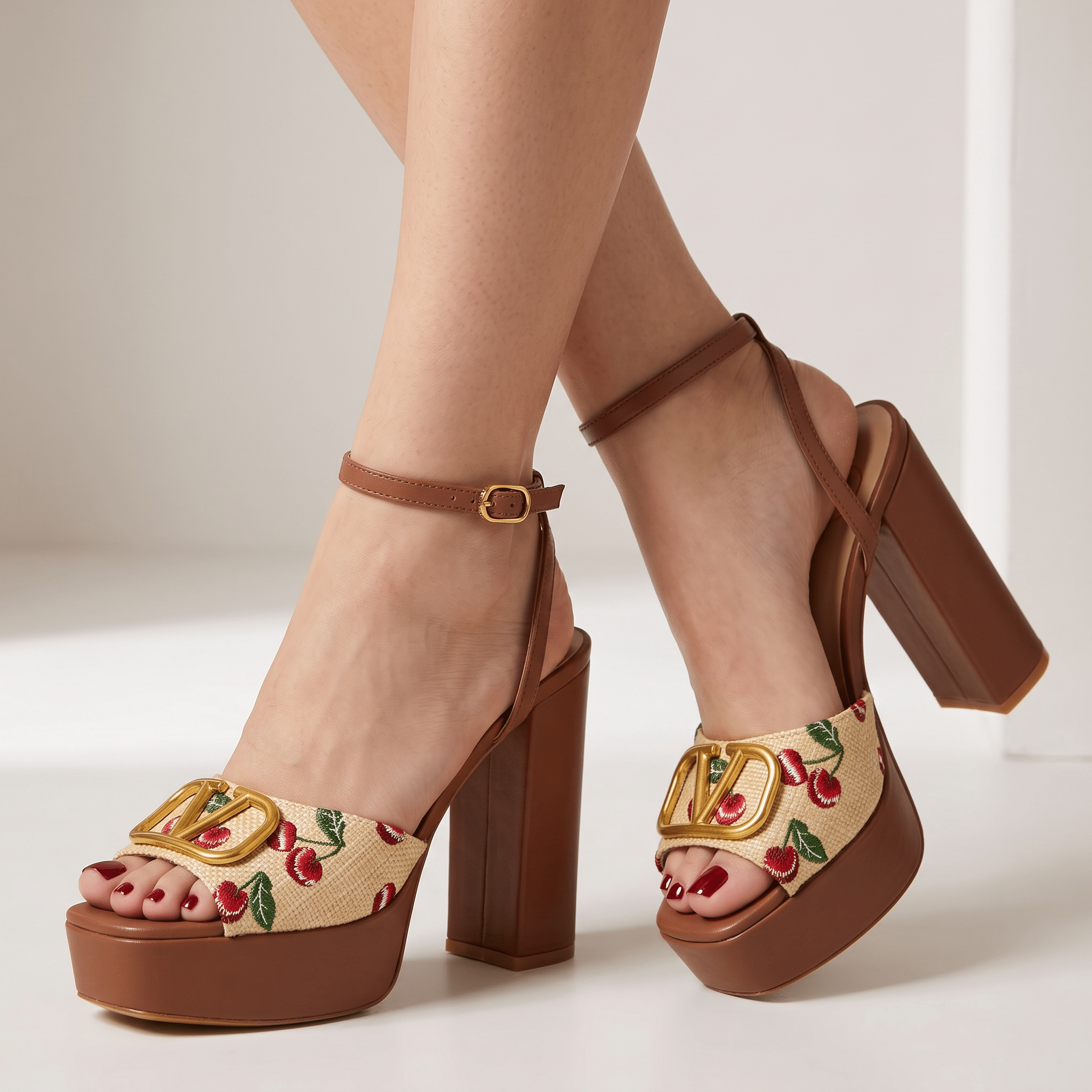 👠 Valentino Cherry Print Platform Block Heel Sandals🍒🍒 - MASTERPIECE