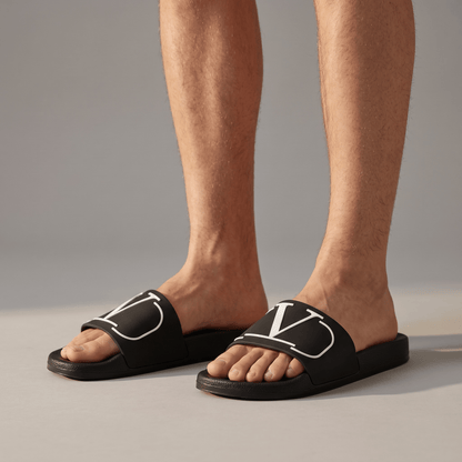 Valentino V Logo Black Slides – Premium Luxury Comfort Slippers 🖤✨ - MASTERPIECE