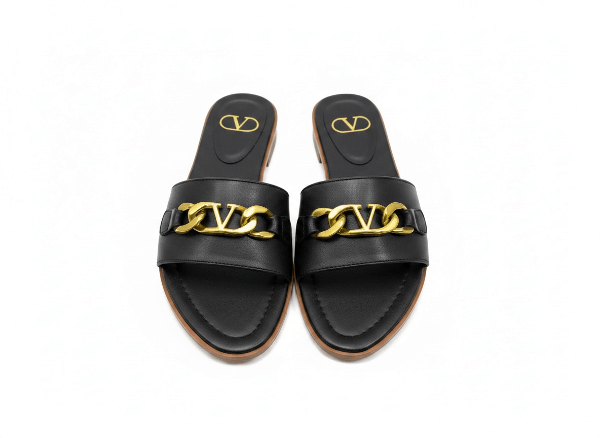 Valentino VLogo Black Slide Sandals 🖤✨ Gold Chain Edition - MASTERPIECE