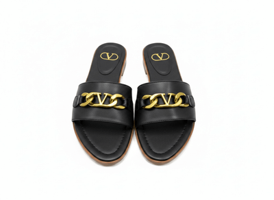 Valentino VLogo Black Slide Sandals 🖤✨ Gold Chain Edition - MASTERPIECE