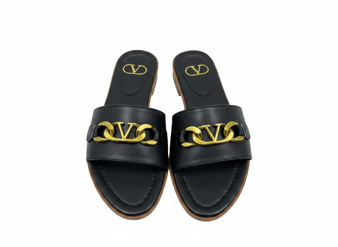 Valentino VLogo Black Slide Sandals 🖤✨ Gold Chain Edition - MASTERPIECE