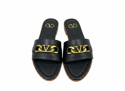 Valentino VLogo Black Slide Sandals 🖤✨ Gold Chain Edition - MASTERPIECE