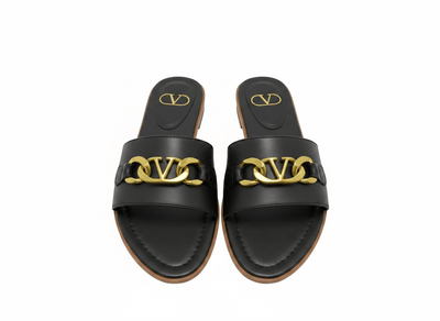 Valentino VLogo Black Slide Sandals 🖤✨ Gold Chain Edition - MASTERPIECE