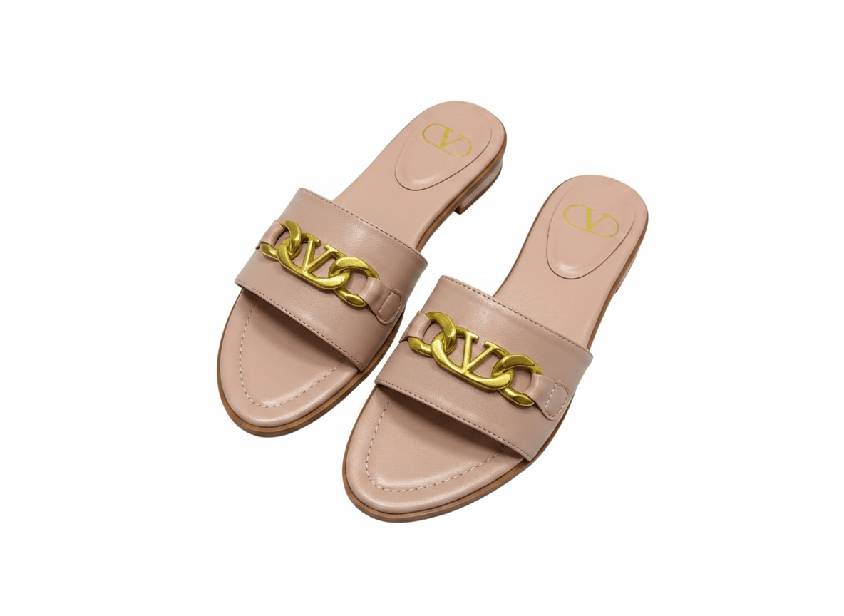 Valentino VLogo Nude Leather Slides 🤍✨ Premium Gold Chain - MASTERPIECE