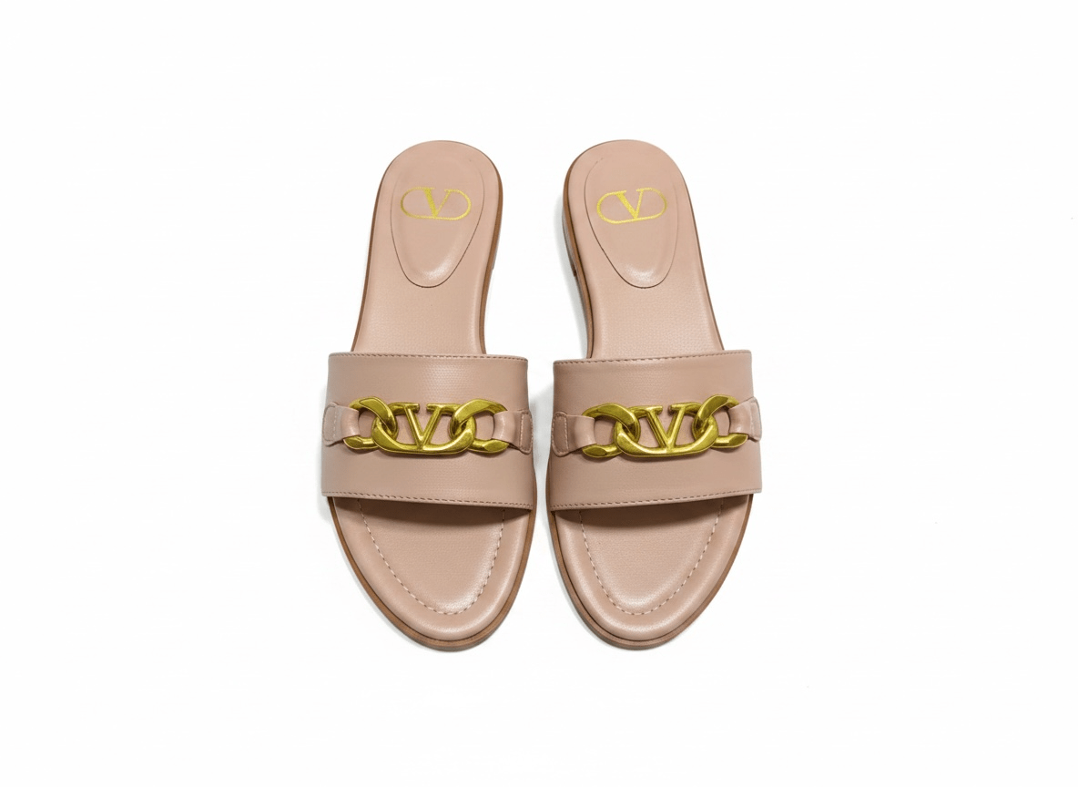 Valentino VLogo Nude Leather Slides 🤍✨ Premium Gold Chain - MASTERPIECE