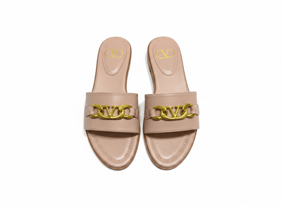 Valentino VLogo Nude Leather Slides 🤍✨ Premium Gold Chain - MASTERPIECE