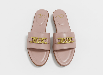 Valentino VLogo Nude Leather Slides 🤍✨ Premium Gold Chain - MASTERPIECE