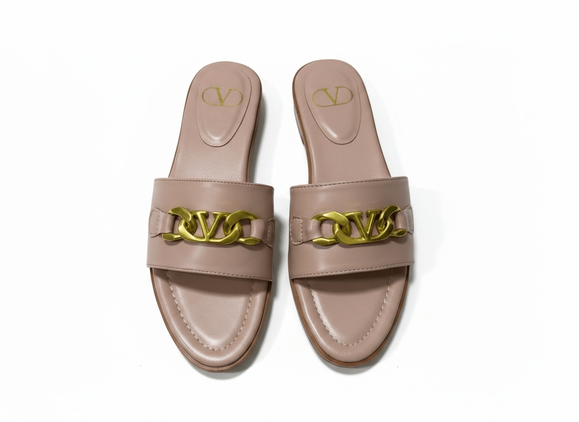 Valentino VLogo Nude Leather Slides 🤍✨ Premium Gold Chain - MASTERPIECE