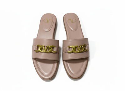 Valentino VLogo Nude Leather Slides 🤍✨ Premium Gold Chain - MASTERPIECE