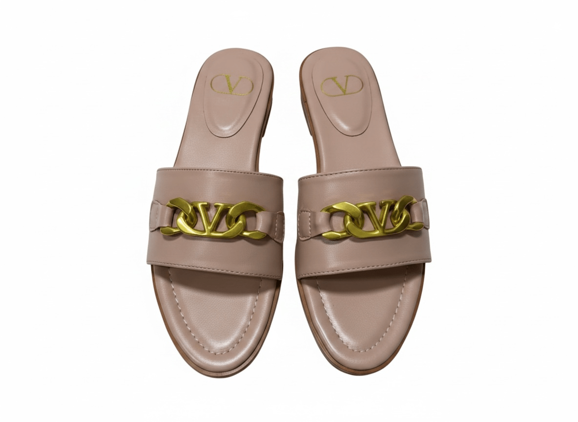 Valentino VLogo Nude Leather Slides 🤍✨ Premium Gold Chain - MASTERPIECE