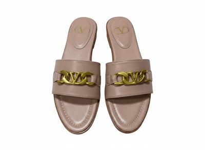 Valentino VLogo Nude Leather Slides 🤍✨ Premium Gold Chain - MASTERPIECE