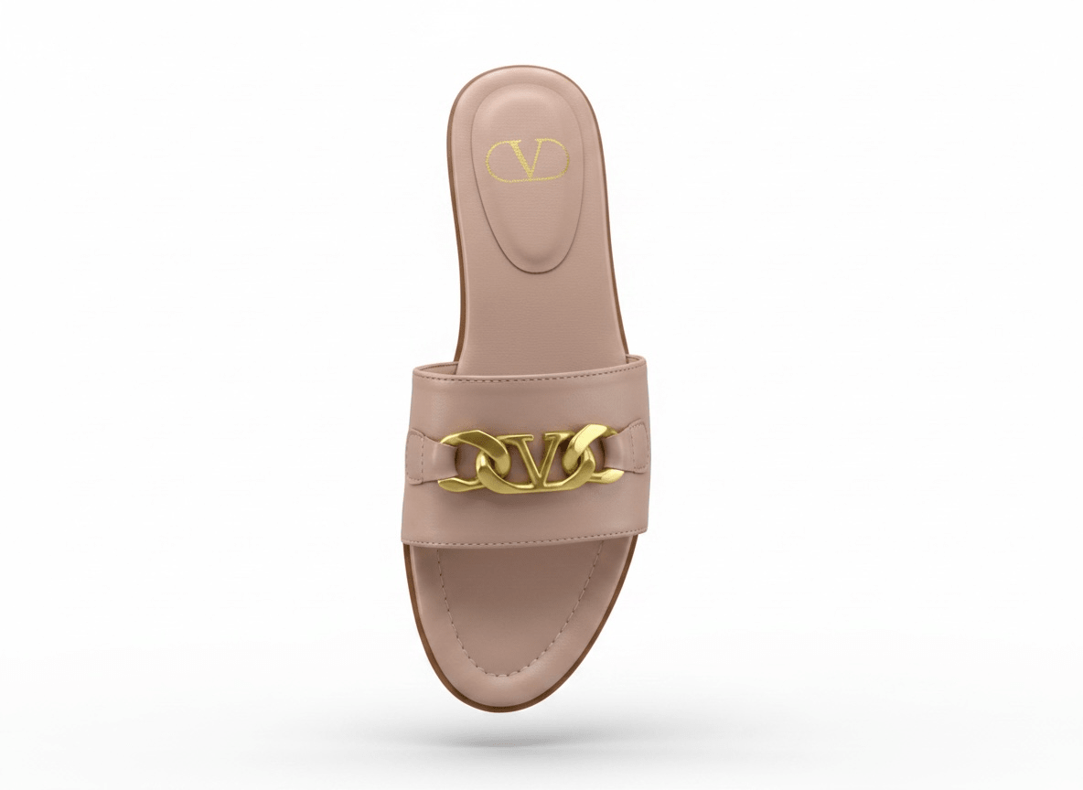 Valentino VLogo Nude Leather Slides 🤍✨ Premium Gold Chain - MASTERPIECE