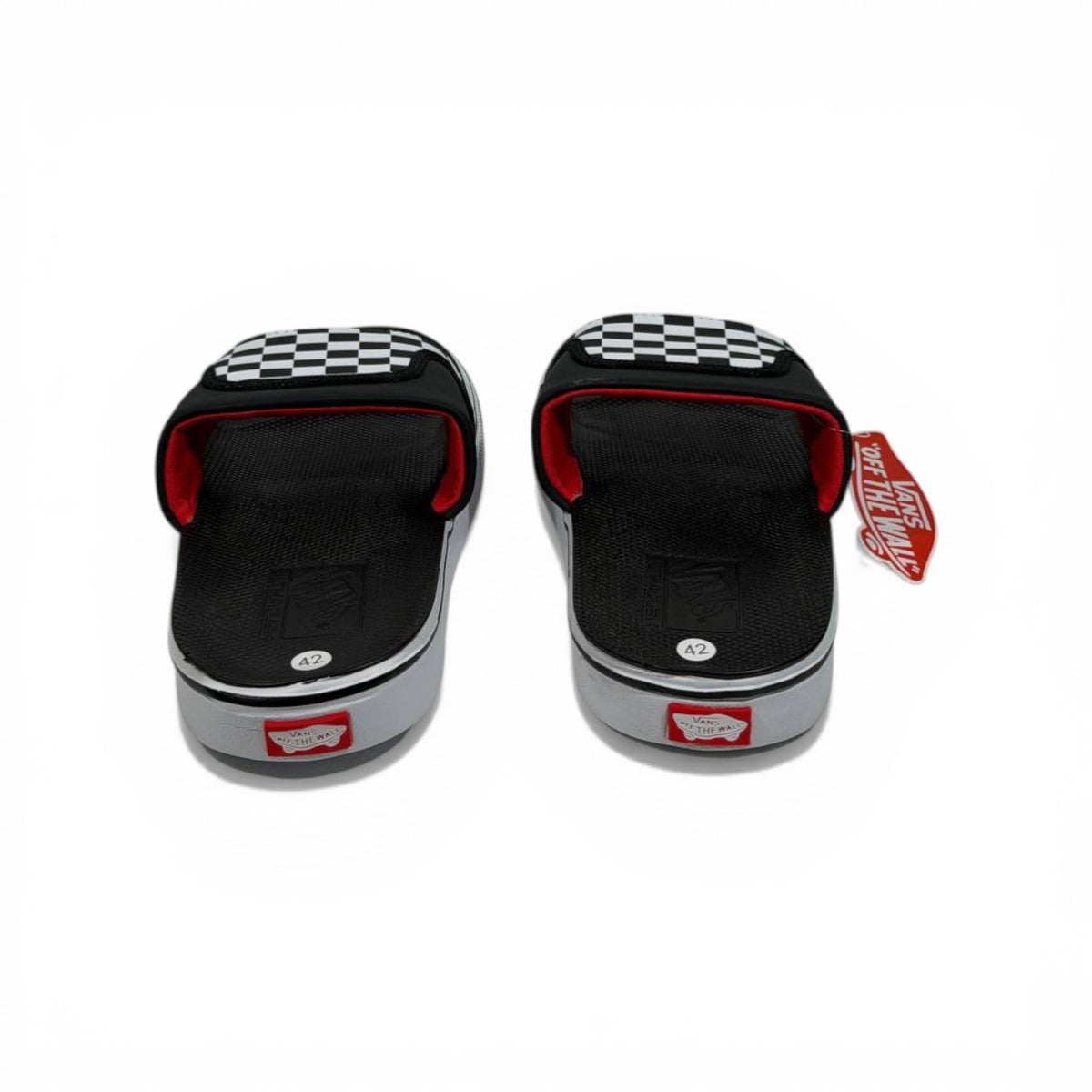 🏁🔴 Vans Checkerboard Slides – Black & White Red Accent Edition - MASTERPIECE