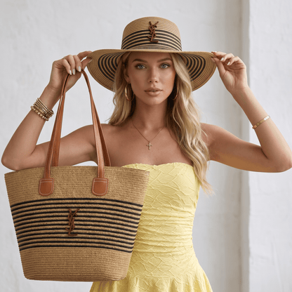 YSL Classic Straw Tote & Hat Set – Neutral Stripe Summer Elegance 👜👒🤎 - MASTERPIECE