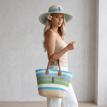 YSL Summer Straw Tote & Hat Set – Pastel Stripe Beach Luxury 👜👒🌊 - MASTERPIECE