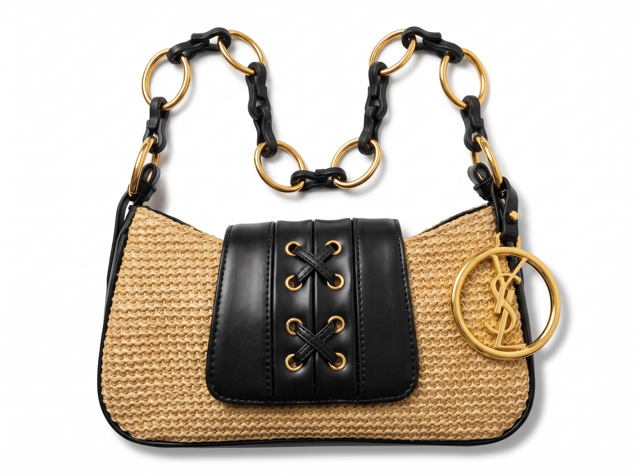 🖤 Yves Saint Laurent Raffia Chain Shoulder Bag – Beige & Black - MASTERPIECE