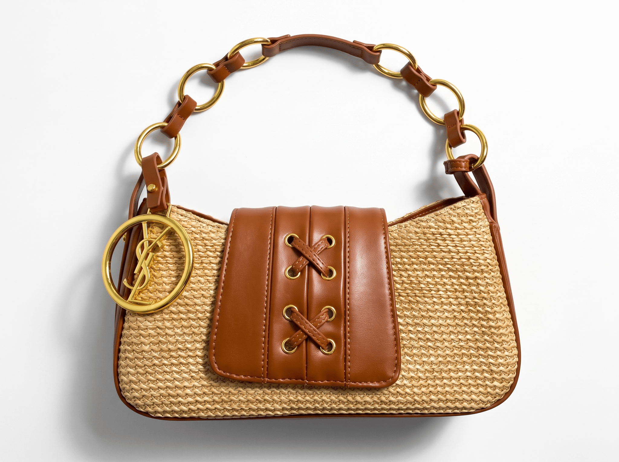 🤎 Yves Saint Laurent Raffia Chain Shoulder Bag – Beige & Tan - MASTERPIECE