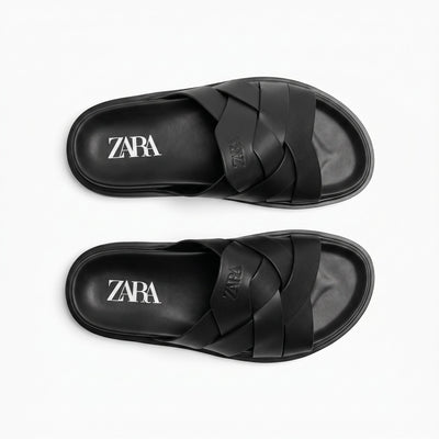 Zara Black Woven Leather Slide Sandals - MASTERPIECE