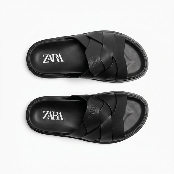 Zara Black Woven Leather Slide Sandals