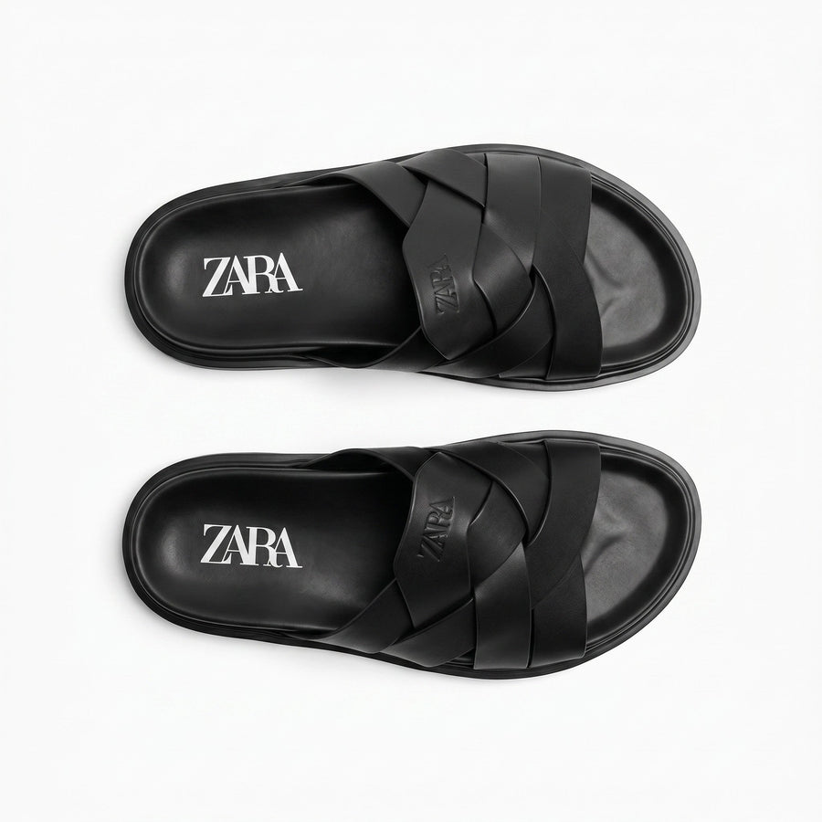 Zara Woven Leather Slide Sandals — Black