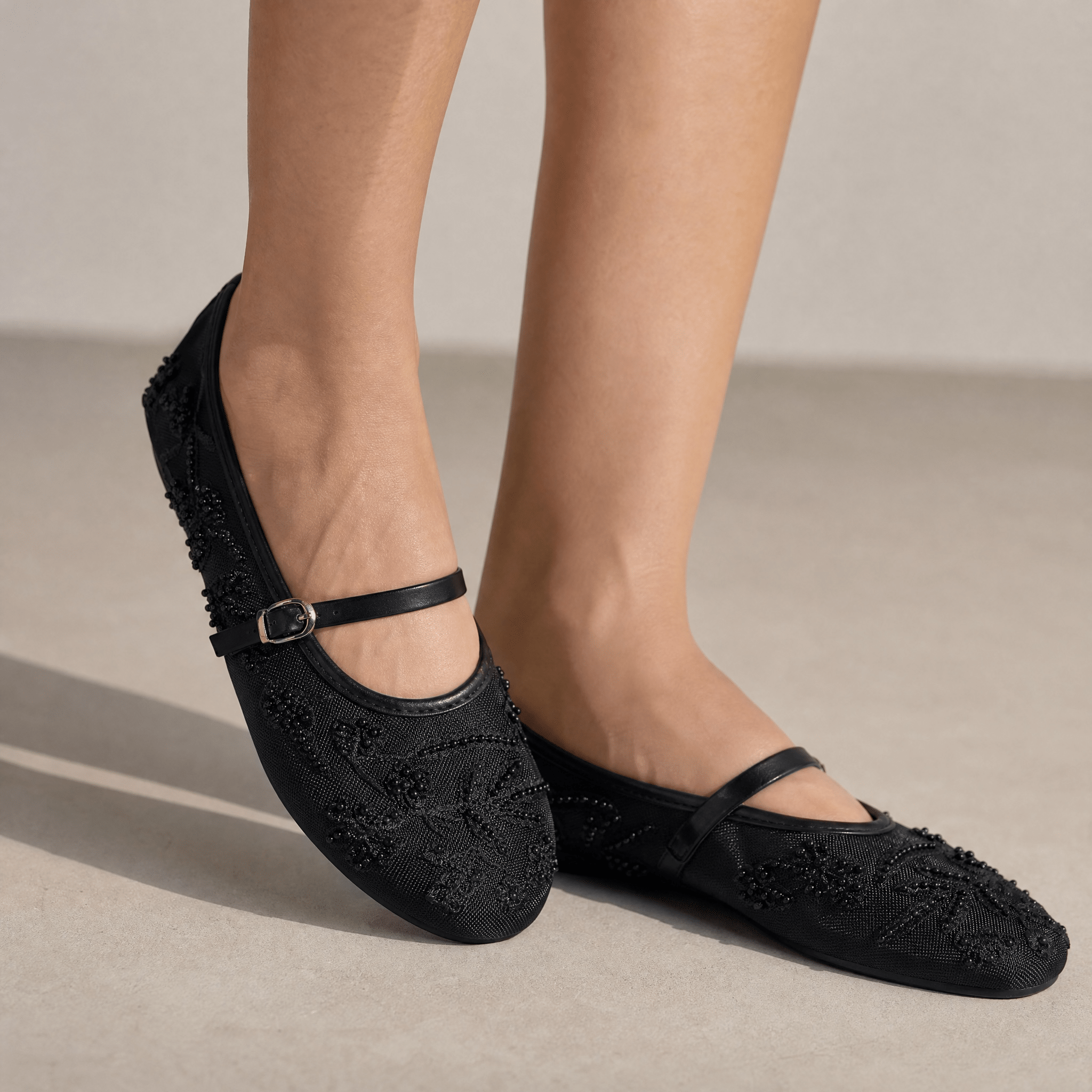 Zara Embellished Mary Jane Ballet Flats – Midnight Black Edition 🖤✨ - MASTERPIECE