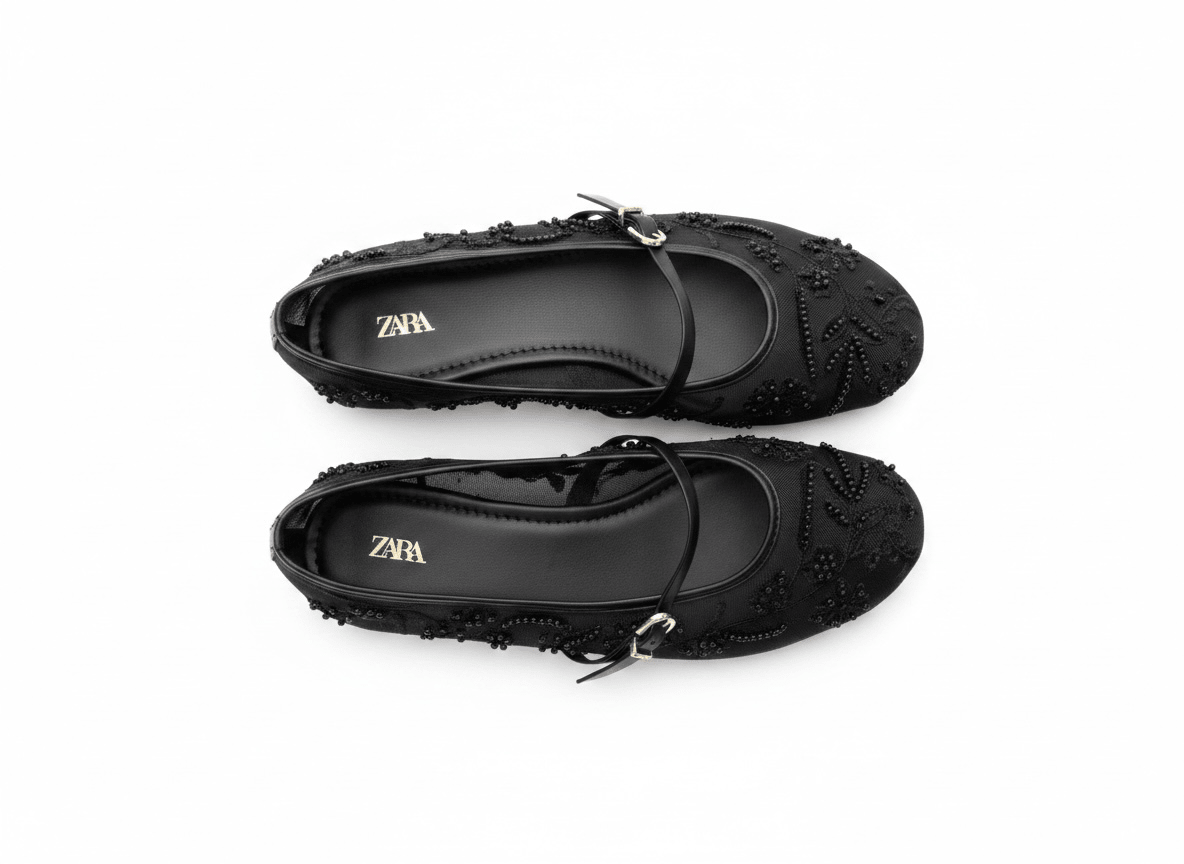 Zara Embellished Mary Jane Ballet Flats – Midnight Black Edition 🖤✨ - MASTERPIECE