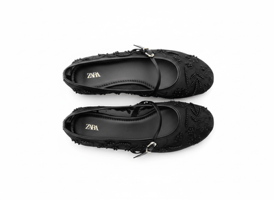 Zara Embellished Mary Jane Ballet Flats – Midnight Black Edition 🖤✨ - MASTERPIECE