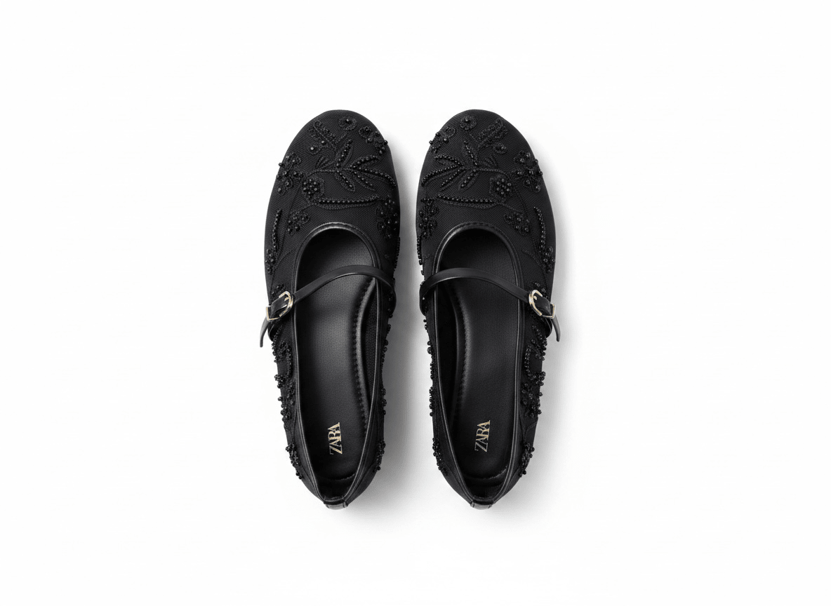 Zara Embellished Mary Jane Ballet Flats – Midnight Black Edition 🖤✨ - MASTERPIECE