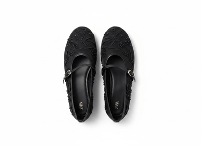 Zara Embellished Mary Jane Ballet Flats – Midnight Black Edition 🖤✨ - MASTERPIECE