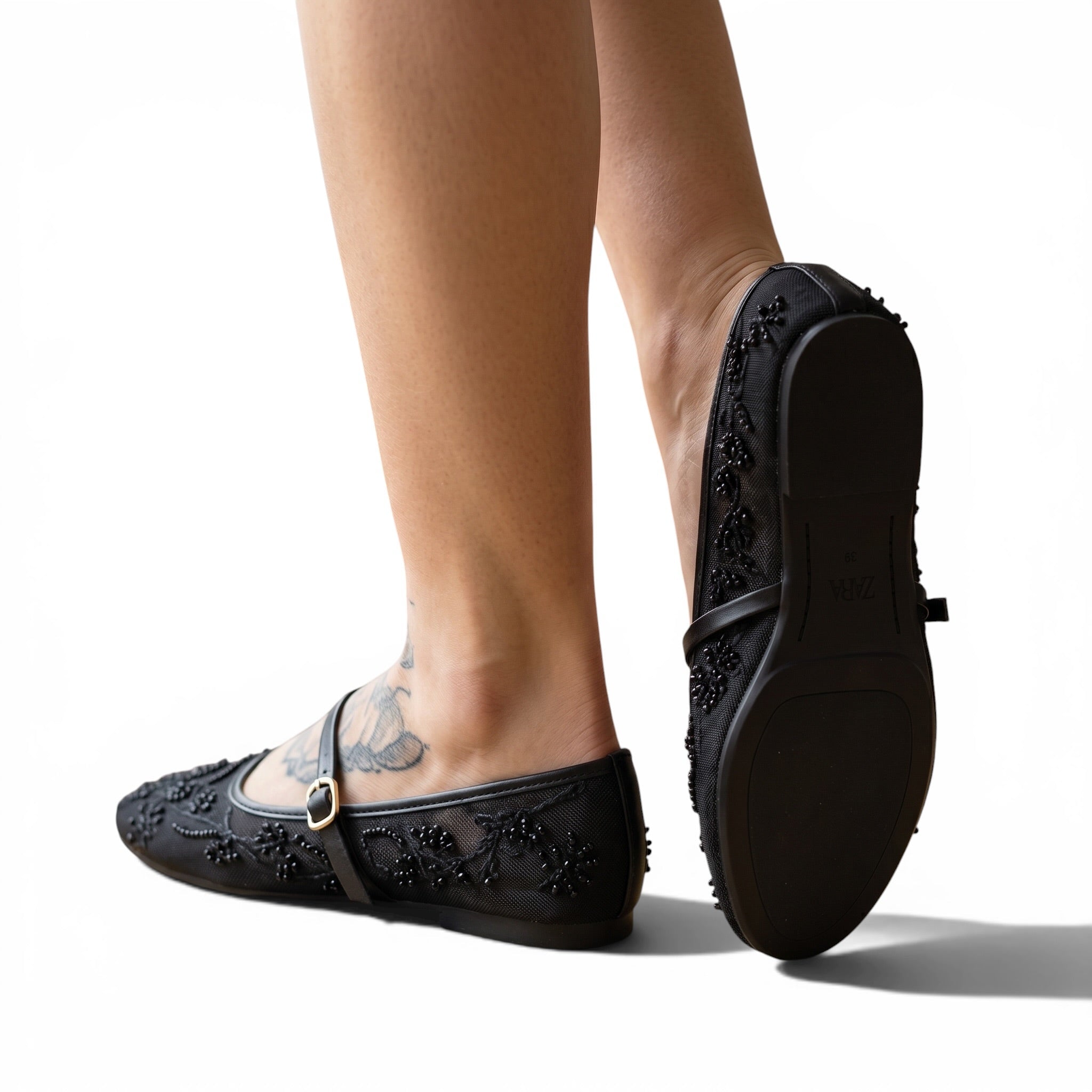 Zara Embellished Mary Jane Ballet Flats – Midnight Black Edition 🖤✨ - MASTERPIECE