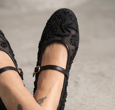 Zara Embellished Mary Jane Ballet Flats – Midnight Black Edition 🖤✨ - MASTERPIECE