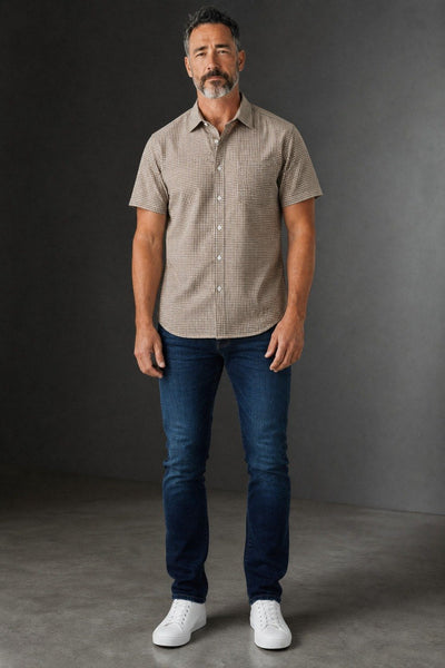 Zara Premium Beige Checkered Short Sleeve Button Up Shirt for Men – Relaxed Fit Smart Casual Summer Overshirt 🤎✨ - MASTERPIECE