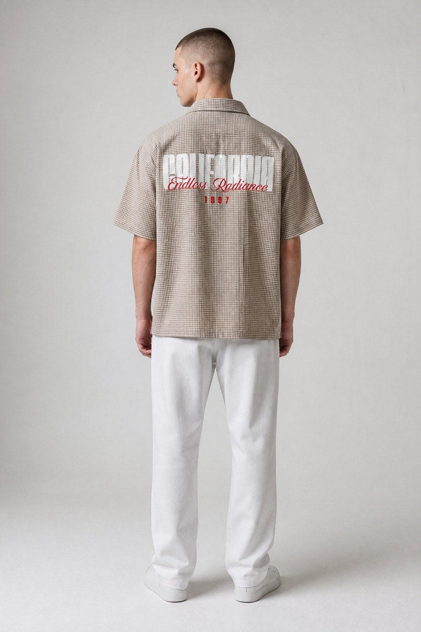 Zara Premium Beige Checkered Short Sleeve Button Up Shirt for Men – Relaxed Fit Smart Casual Summer Overshirt 🤎✨ - MASTERPIECE