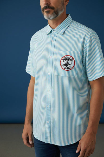 Zara Striped Relaxed Fit Short Sleeve Poplin Shirt for Men – Oversized Summer Streetwear Button-Up 💙🤍 - MASTERPIECE