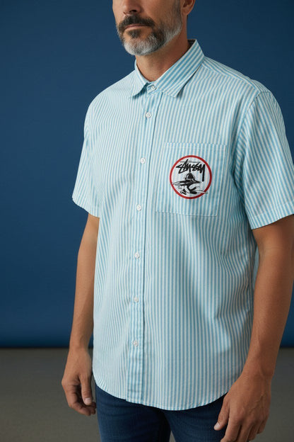 Zara Striped Relaxed Fit Short Sleeve Poplin Shirt for Men – Oversized Summer Streetwear Button-Up 💙🤍 - MASTERPIECE