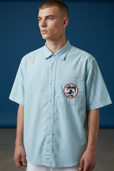 Zara Striped Relaxed Fit Short Sleeve Poplin Shirt for Men – Oversized Summer Streetwear Button-Up 💙🤍 - MASTERPIECE